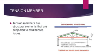 TENSION MEMBER
 Tension members are
structural elements that are
subjected to axial tensile
forces.
 