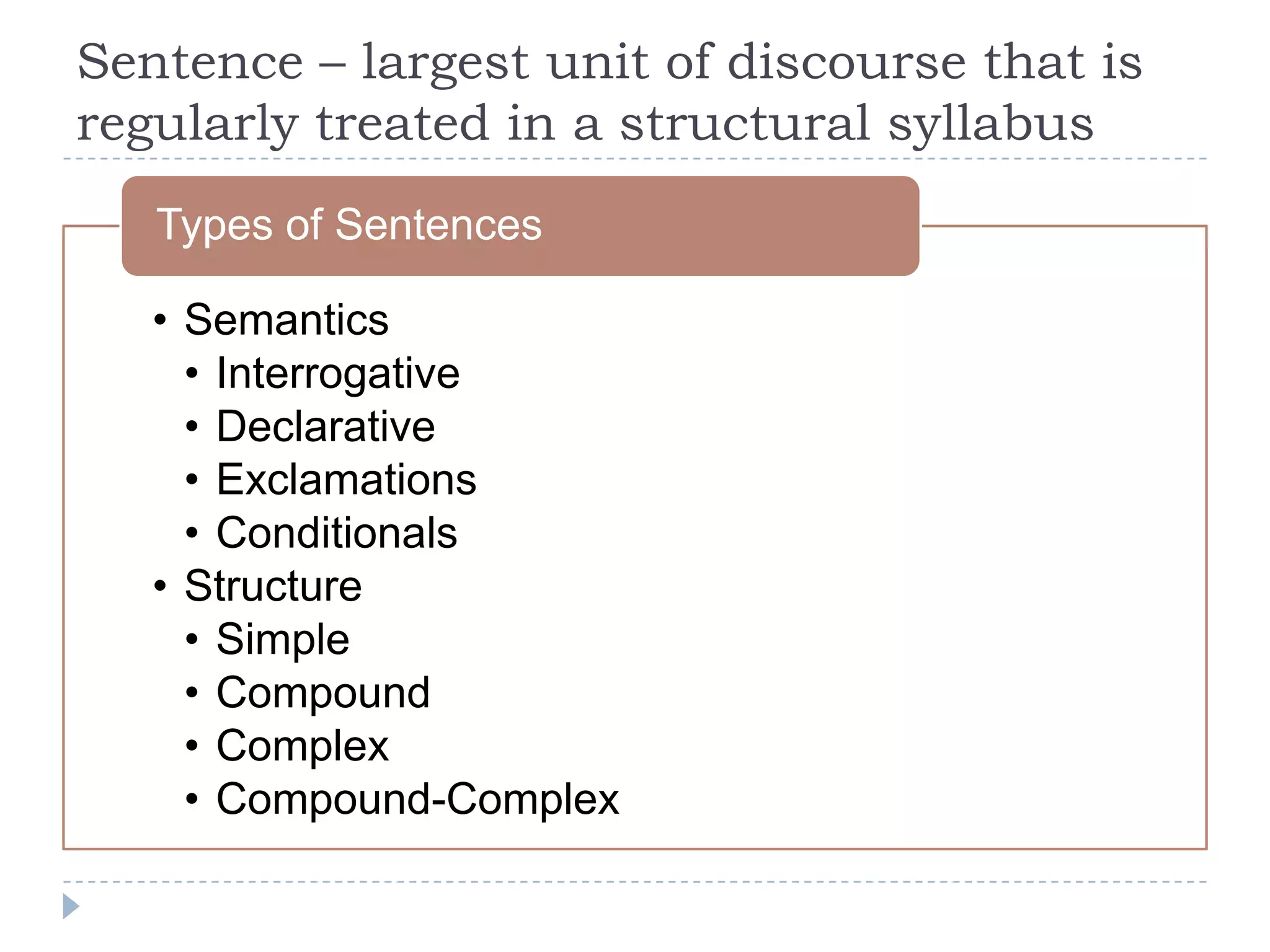 Sentence – largest unit of discourse that is
regularly treated in a structural syllabus
• Semantics
• Interrogative
• Declarative
• Exclamations
• Conditionals
• Structure
• Simple
• Compound
• Complex
• Compound-Complex
Types of Sentences
 