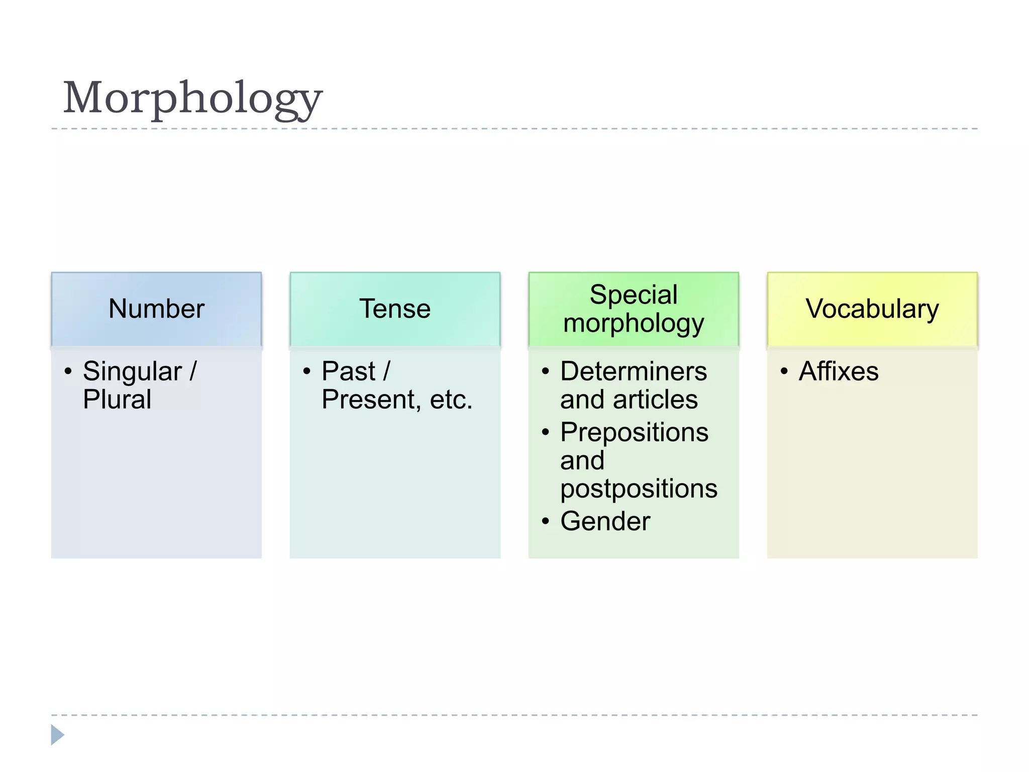 Morphology
Number
• Singular /
Plural
Tense
• Past /
Present, etc.
Special
morphology
• Determiners
and articles
• Prepositions
and
postpositions
• Gender
Vocabulary
• Affixes
 