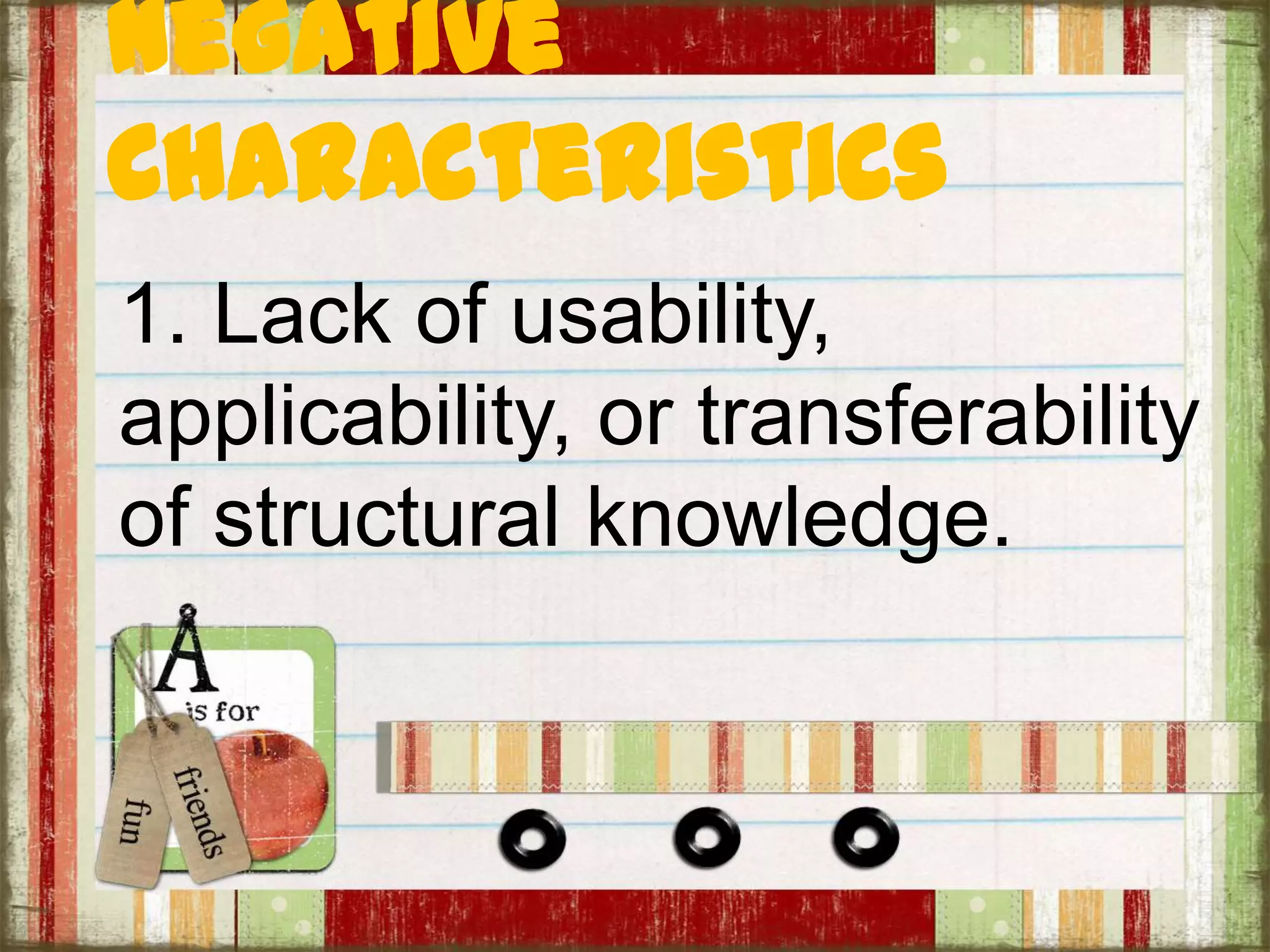 Negative
Characteristics
1. Lack of usability,
applicability, or transferability
of structural knowledge.
 