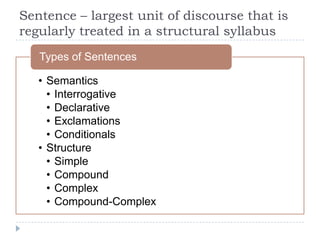 Sentence – largest unit of discourse that is
regularly treated in a structural syllabus
• Semantics
• Interrogative
• Declarative
• Exclamations
• Conditionals
• Structure
• Simple
• Compound
• Complex
• Compound-Complex
Types of Sentences
 
