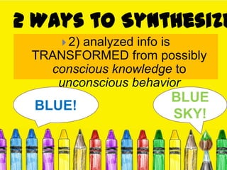 2 Ways to Synthesize
 2) analyzed info is
TRANSFORMED from possibly
conscious knowledge to
unconscious behavior
BLUE
SKY!
BLUE!
 