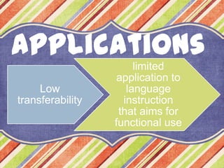 Applications
Low
transferability
limited
application to
language
instruction
that aims for
functional use
 