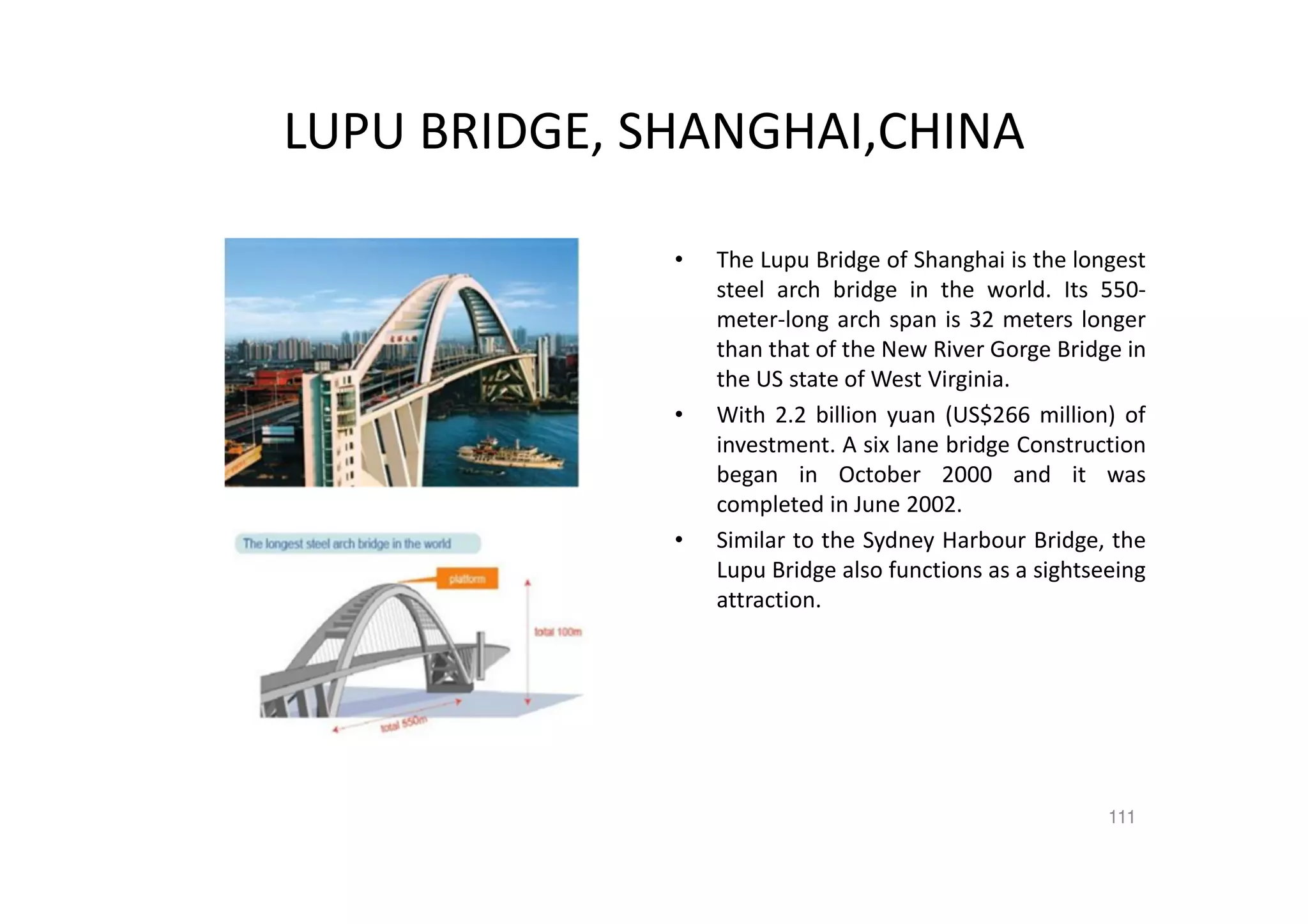 LUPU BRIDGE, SHANGHAI,CHINA
• The Lupu Bridge of Shanghai is the longest
steel arch bridge in the world. Its 550-
meter-long arch span is 32 meters longer
than that of the New River Gorge Bridge in
the US state of West Virginia.
• With 2.2 billion yuan (US$266 million) of
investment. A six lane bridge Construction
began in October 2000 and it was
completed in June 2002.
• Similar to the Sydney Harbour Bridge, the
Lupu Bridge also functions as a sightseeing
attraction.
111
 