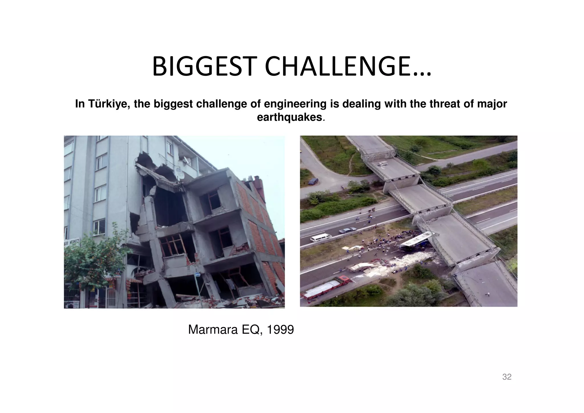BIGGEST CHALLENGE…
32
In Türkiye, the biggest challenge of engineering is dealing with the threat of major
earthquakes.
Marmara EQ, 1999
 