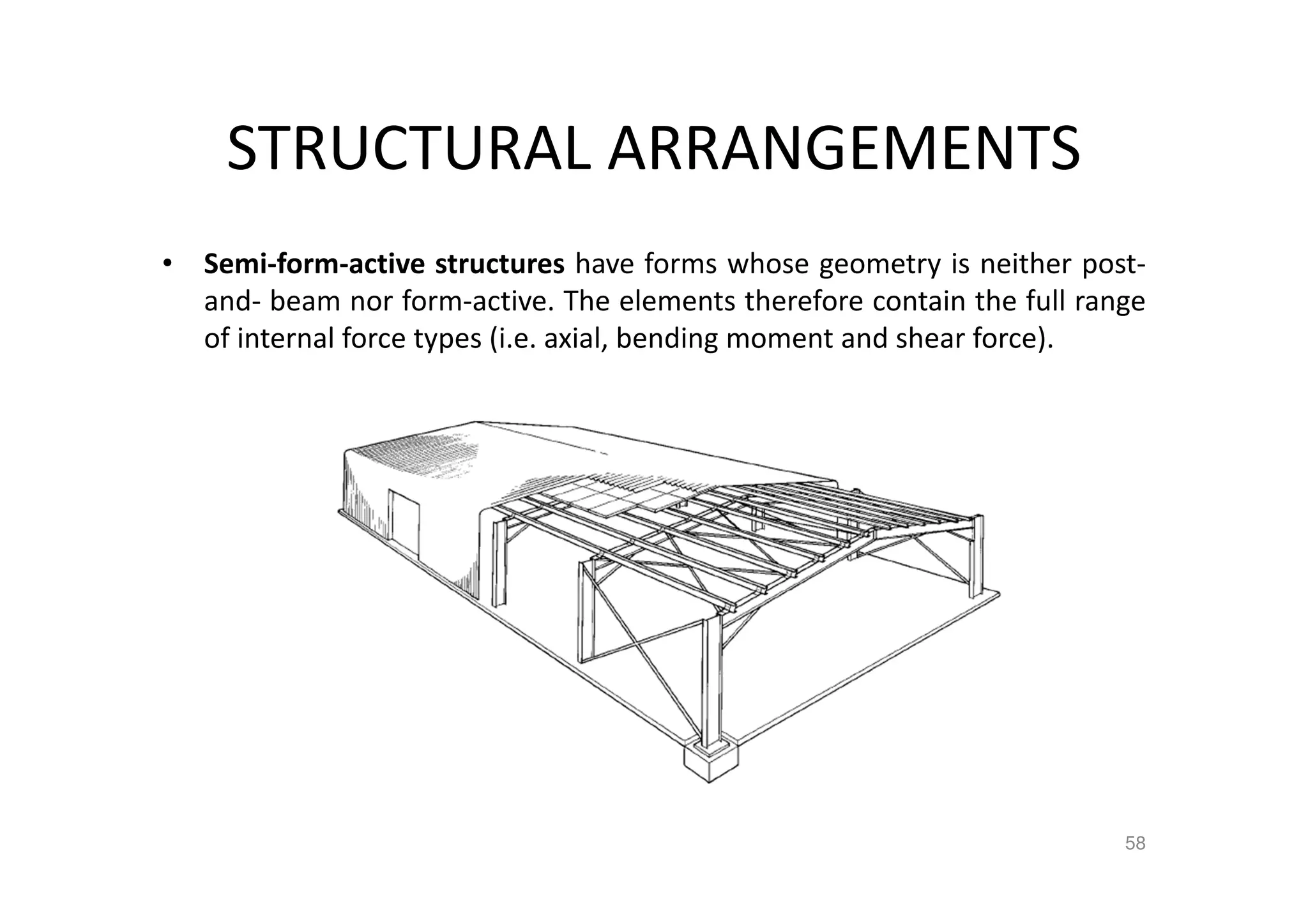 STRUCTURAL ARRANGEMENTS
• Semi-form-active structures have forms whose geometry is neither post-
and- beam nor form-active. The elements therefore contain the full range
of internal force types (i.e. axial, bending moment and shear force).
58
 