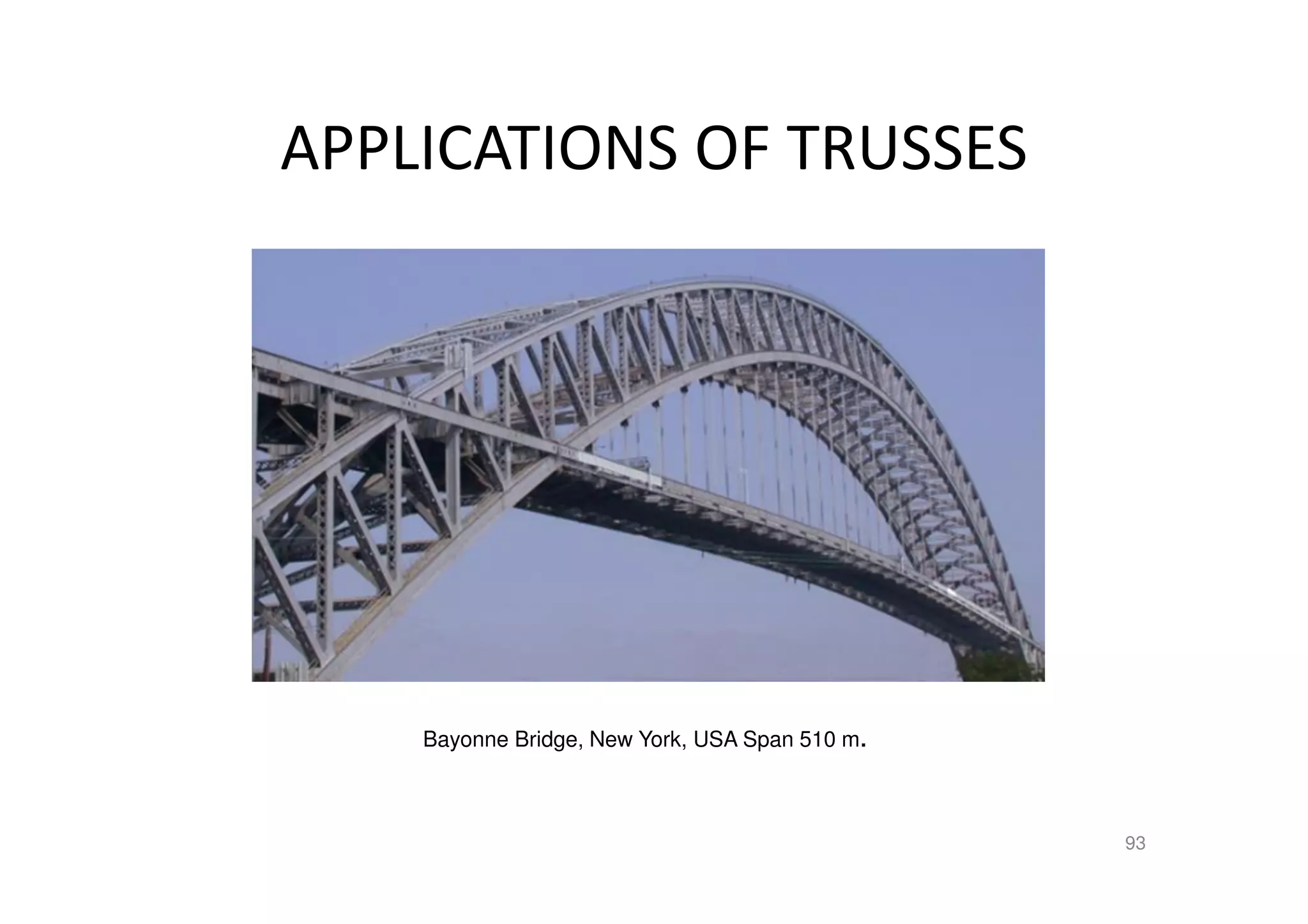 APPLICATIONS OF TRUSSES
93
Bayonne Bridge, New York, USA Span 510 m.
 