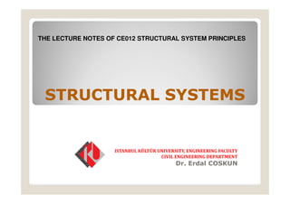 STRUCTURAL SYSTEMS
ISTANBUL KÜLTÜR UNIVERSITY, ENGINEERING FACULTY
CIVIL ENGINEERING DEPARTMENT
Dr. Erdal COSKUN
THE LECTURE NOTES OF CE012 STRUCTURAL SYSTEM PRINCIPLES
 