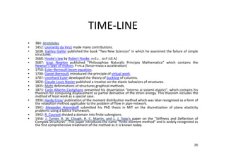 TIME-LINE
• 384: Aristoteles
• 1452: Leonardo da Vinci made many contributions.
• 1638: Galileo Galilei published the book "Two New Sciences" in which he examined the failure of simple
structures.
• 1660: Hooke's law by Robert Hooke. σ=E.ε , ∆l=F.l/(E.A)
• 1687: Issac Newton published "Philosophiae Naturalis Principia Mathematica" which contains the
Newton's laws of motion. F=m.a (force=mass x acceleration)
• 1750: Euler-Bernoulli beam equation.
• 1700: Daniel Bernoulli introduced the principle of virtual work.
• 1707: Leonhard Euler developed the theory of buckling of columns.
• 1826: Claude-Louis Navier published a treatise on the elastic bahaviors of structures.
• 1835: Mohr deformations of structures graphical methods.
• 1873: Carlo Alberto Castigliano presented his dissertation "Intorno ai sistemi elastici", which contains his
theorem for computing displacement as partial derivative of the strain energy. This theorem includes the
method of least work as a special case.
• 1936: Hardy Cross' publication of the moment distribution method which was later recognized as a form of
the relaxation method applicable to the problem of flow in pipe-network.
• 1941: Alexander Hrennikoff submitted his PhD thesis in MIT on the discretization of plane elasticity
problems using a lattice framework.
• 1942: R. Courant divided a domain into finite subregions.
• 1956: J. Turner, R. W. Clough, H. C. Martin, and L. J. Topp's paper on the "Stiffness and Deflection of
Complex Structures". This paper introduces the name "finite-element method" and is widely recognized as
the first comprehensive treatment of the method as it is known today.
20
 