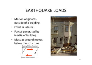 EARTHQUAKE LOADS
• Motion originates
outside of a building.
• Effect is internal.
• Forces generated by
inertia of building.
• Mass as ground moves
below the structure.
30
 