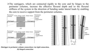 The outriggers, which are connected rigidly to the core and by hinges to the
perimeter columns, increase the effective flexural depth and so the flexural
stiffness of the system in the direction of bending under lateral loads by enabling
the core to receive support from the perimeter columns.
Outrigger to perimeter column connections: (a) rigid connection,
(b) hinged connection
 