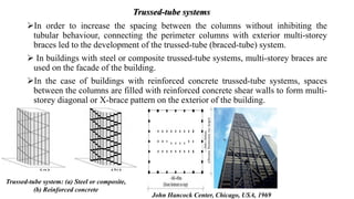 In order to increase the spacing between the columns without inhibiting the
tubular behaviour, connecting the perimeter columns with exterior multi-storey
braces led to the development of the trussed-tube (braced-tube) system.
 In buildings with steel or composite trussed-tube systems, multi-storey braces are
used on the facade of the building.
In the case of buildings with reinforced concrete trussed-tube systems, spaces
between the columns are filled with reinforced concrete shear walls to form multi-
storey diagonal or X-brace pattern on the exterior of the building.
Trussed-tube systems
Trussed-tube system: (a) Steel or composite,
(b) Reinforced concrete
John Hancock Center, Chicago, USA, 1969
 