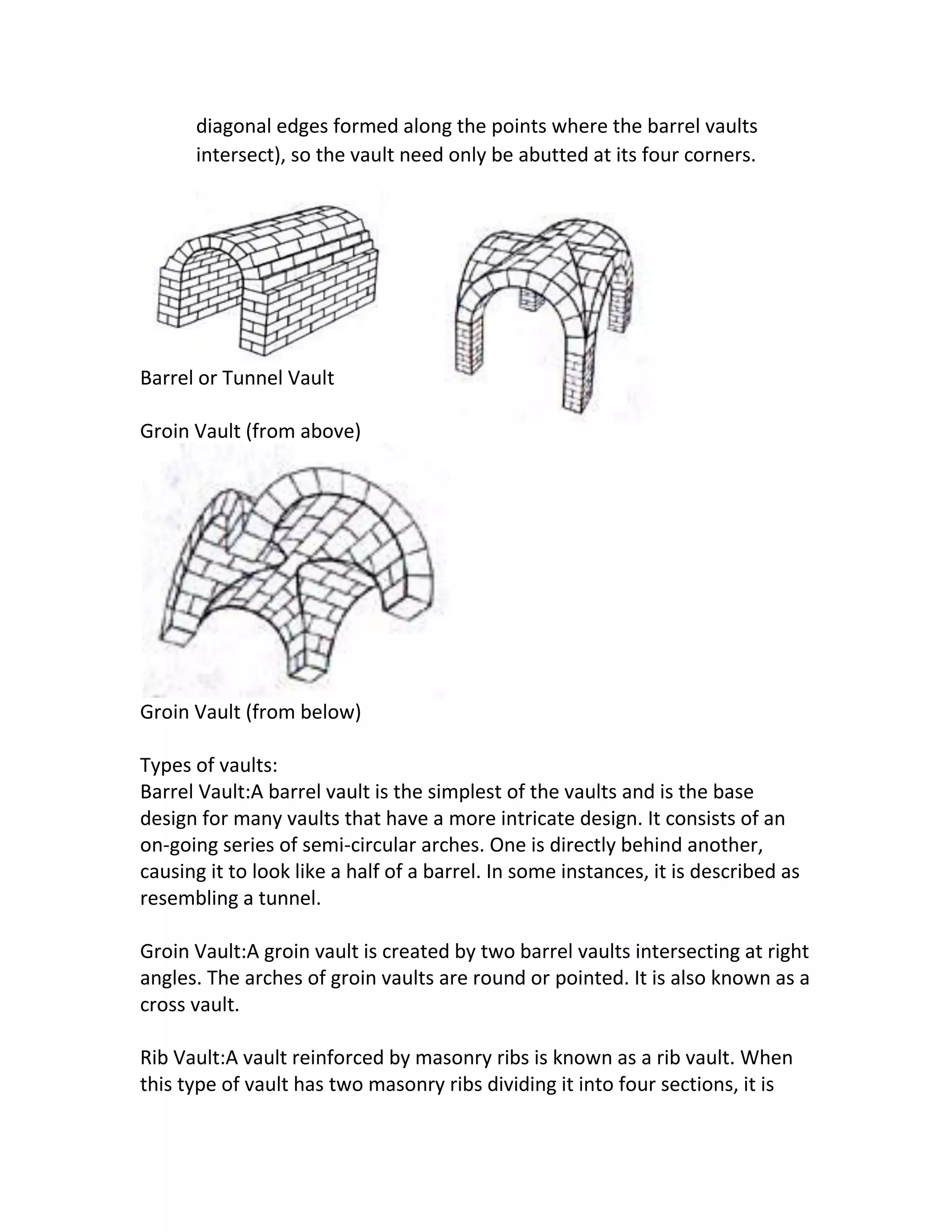 diagonal edges formed along the points where the barrel vaults
intersect), so the vault need only be abutted at its four corners.
Barrel or Tunnel Vault
Groin Vault (from above)
Groin Vault (from below)
Types of vaults:
Barrel Vault:A barrel vault is the simplest of the vaults and is the base
design for many vaults that have a more intricate design. It consists of an
on-going series of semi-circular arches. One is directly behind another,
causing it to look like a half of a barrel. In some instances, it is described as
resembling a tunnel.
Groin Vault:A groin vault is created by two barrel vaults intersecting at right
angles. The arches of groin vaults are round or pointed. It is also known as a
cross vault.
Rib Vault:A vault reinforced by masonry ribs is known as a rib vault. When
this type of vault has two masonry ribs dividing it into four sections, it is
 