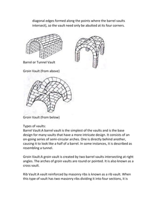 diagonal edges formed along the points where the barrel vaults
intersect), so the vault need only be abutted at its four corners.
Barrel or Tunnel Vault
Groin Vault (from above)
Groin Vault (from below)
Types of vaults:
Barrel Vault:A barrel vault is the simplest of the vaults and is the base
design for many vaults that have a more intricate design. It consists of an
on-going series of semi-circular arches. One is directly behind another,
causing it to look like a half of a barrel. In some instances, it is described as
resembling a tunnel.
Groin Vault:A groin vault is created by two barrel vaults intersecting at right
angles. The arches of groin vaults are round or pointed. It is also known as a
cross vault.
Rib Vault:A vault reinforced by masonry ribs is known as a rib vault. When
this type of vault has two masonry ribs dividing it into four sections, it is
 
