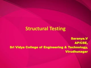 Structural Testing
                                    Saranya.V
                                      AP/CSE,
Sri Vidya College of Engineering & Technology,
                                 Virudhunagar
 