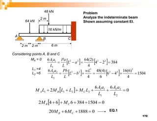 170
64 kN
2 m
2 m 6 m
16 kN/m
A
B
48 kN
C
Considering points A, B and C
MA = 0
    384
2
4
4
)
2
(
64
6 2
2
2
2
1
1
1




 a
L
L
Pa
L
a
A
    1504
4
)
6
(
16
4
6
6
)
4
(
48
4
6 3
2
2
3
2
2
2
2
2







wL
b
L
L
Pb
L
a
A
L1 =4
L2 =6
  0
6
6
2
2
2
2
1
1
1
2
2
1
1 





L
a
A
L
a
A
L
M
L
L
M
L
M C
B
A
  0
1504
384
6
6
4
2 



 C
B M
M
0
1888
6
20 

 C
B M
M EQ.1
2 m
Problem
Analyze the indeterminate beam
Shown assuming constant EI.
 