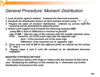 184
General Procedure: Moment Distribution
1. Lock all joints against rotation. Compute the fixed end moments.
2. Compute the distribution factors of each member of joint using
3. Prepare the table of moment distribution. Indicate by arrows how the
moments will be distributed to adjacent joints
4. Unlock each support and compute the balancing moment (BM)
using BM =( Sum or Difference in moment at joint)DF
sign of BM - take the sign of the moment with the smaller absolute value;
if the moments are of the same sign take the opposite sign
Sum – if the moments are of the same sign
Difference- if the moments are of opposite sign
5. Carry over one half of BM to the adjacent joints as indicate by the arrows
in step 3
6. Repeat steps 4 and 5 until the moment to be distributed becomes
negligible
MODIFIED STIFFNESS METHOD
For continuous beams with hinge or rollers ends the moment at this end is
zero. Multiplying the stiffness of this member by ¾ eliminates any further
distribution of moment at this ends.


k
k
DF
 