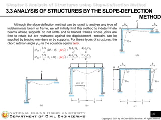Shieh-Kung
Huang
Copyright © 2018 by McGraw-Hill Education. All rights reserved.
3.3ANALYSIS OF STRUCTURES BY THE SLOPE-DEFLECTION
126
Although the slope-deflection method can be used to analyze any type of
indeterminate beam or frame, we will initially limit the method to indeterminate
beams whose supports do not settle and to braced frames whose joints are
free to rotate but are restrained against the displacement—restraint can be
supplied by bracing members or by supports. For these types of structures, the
chord rotation angle 𝜓NF in the equation equals zero.
Chapter 3 Analysis of Structures using Slope-Deflection Method
METHOD
3
2
(2
AB A B AB
EI
M
L
 

= + − 2 2
2( ) 4( )
2
( 3
) M A M B
BA A B AB
A x A x
L L
EI
M
L

 
+ −
= +  − 2 2
4( ) 2( )
) M A M B
A x A x
L L




 + −


 