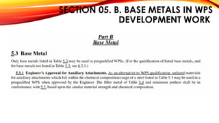 SECTION 05. B. BASE METALS IN WPS
DEVELOPMENT WORK
 