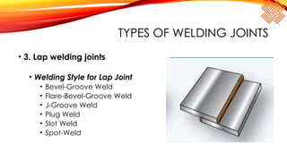 TYPES OF WELDING JOINTS
• 3. Lap welding joints
• Welding Style for Lap Joint
• Bevel-Groove Weld
• Flare-Bevel-Groove Weld
• J-Groove Weld
• Plug Weld
• Slot Weld
• Spot-Weld
 