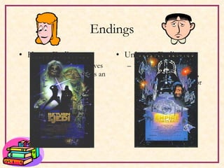 Endings Happy Ending The protagonist solves her problem, defeats an adversary, wins her man. Unhappy Ending The protagonist does not solve his problem, defeat the adversary, or win his woman. 