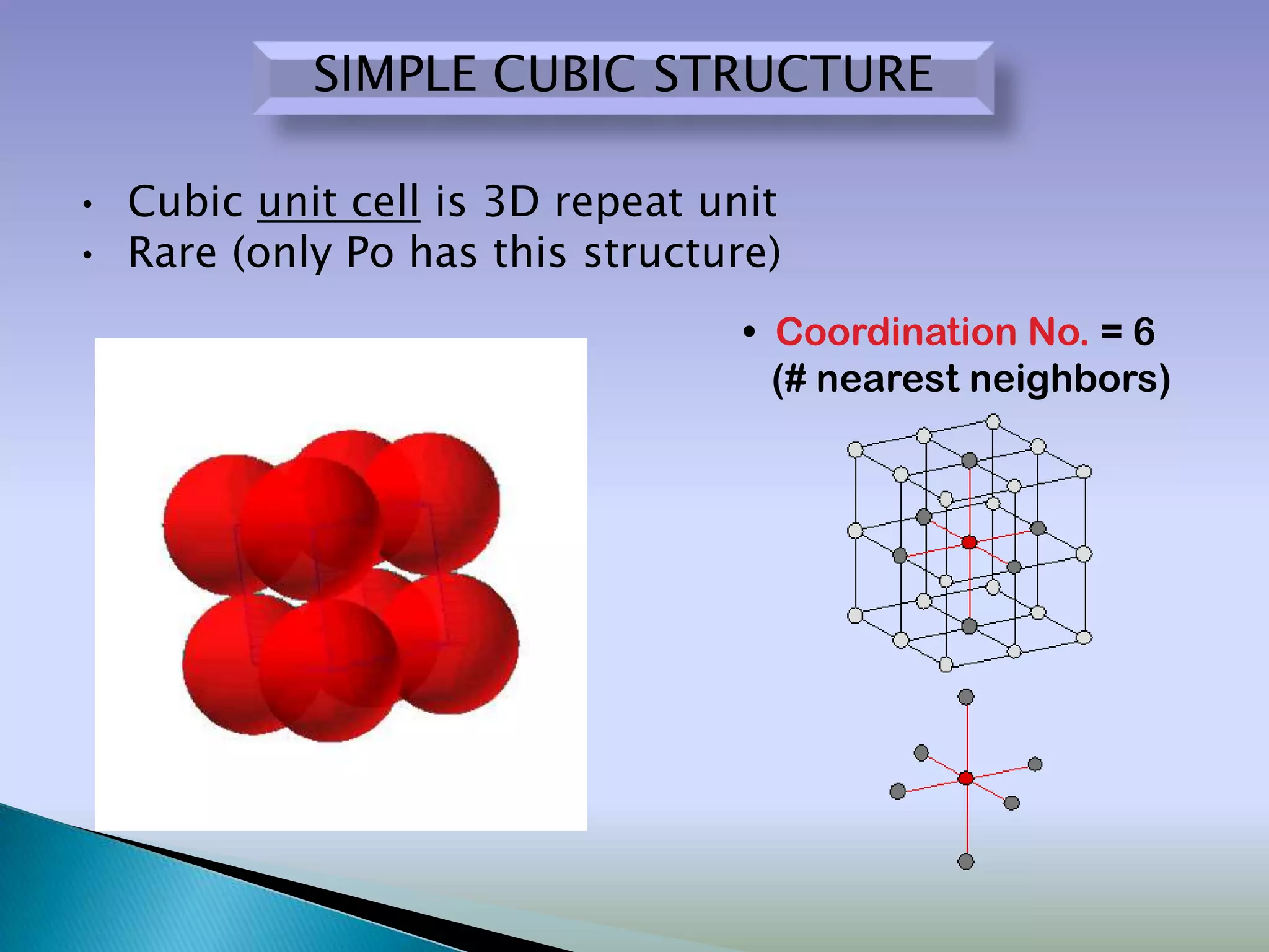 SIMPLE CUBIC STRUCTURE

• Cubic unit cell is 3D repeat unit
• Rare (only Po has this structure)
                                 • Coordination No. = 6
                                   (# nearest neighbors)
 