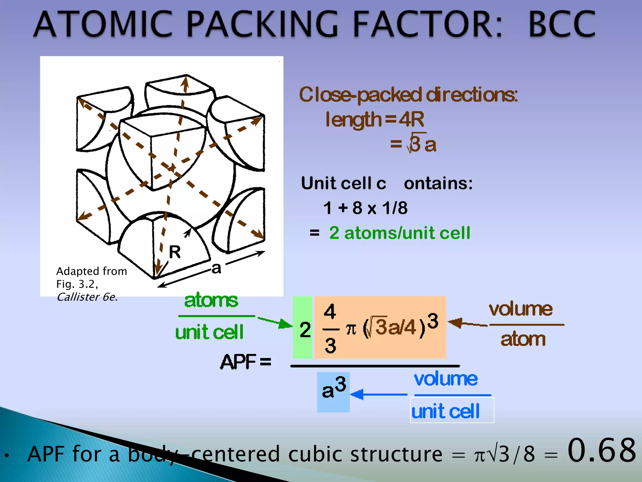 Unit cell c ontains:
                               1 + 8 x 1/8
                              = 2 atoms/unit cell
                     R
     Adapted from        a
     Fig. 3.2,
     Callister 6e.




• APF for a body-centered cubic structure =         3/8 =   0.68
 
