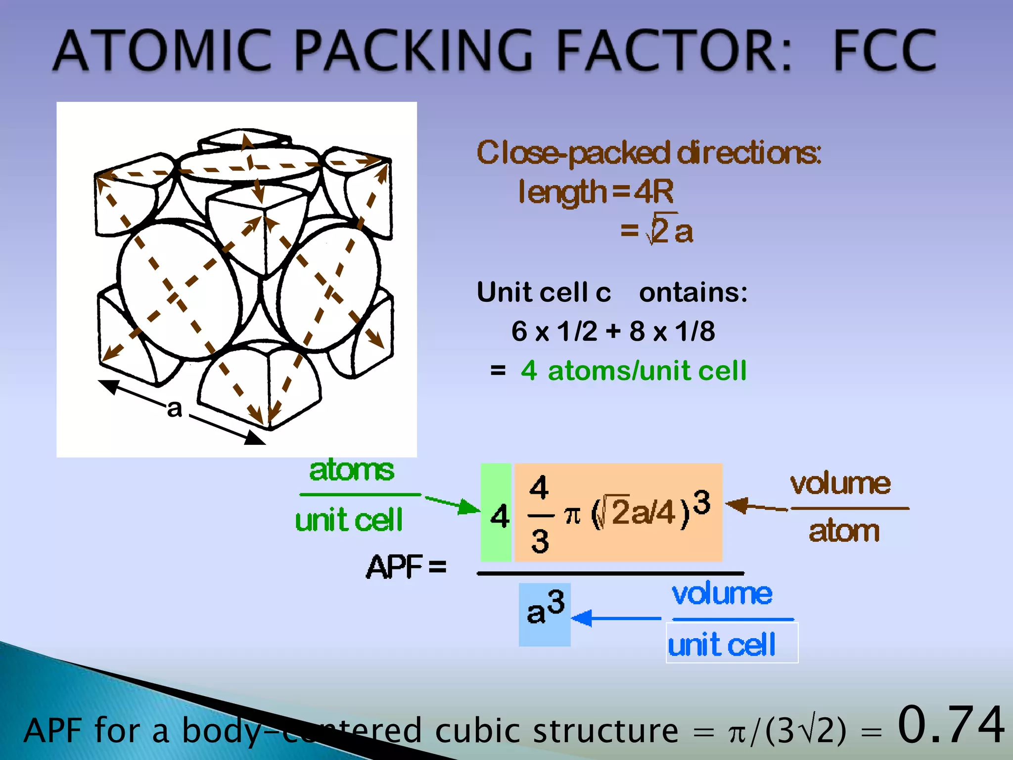 Unit cell c ontains:
                              6 x 1/2 + 8 x 1/8
                             = 4 atoms/unit cell
          a




• APF for a body-centered cubic structure = /(3 2) =   0.74
 
