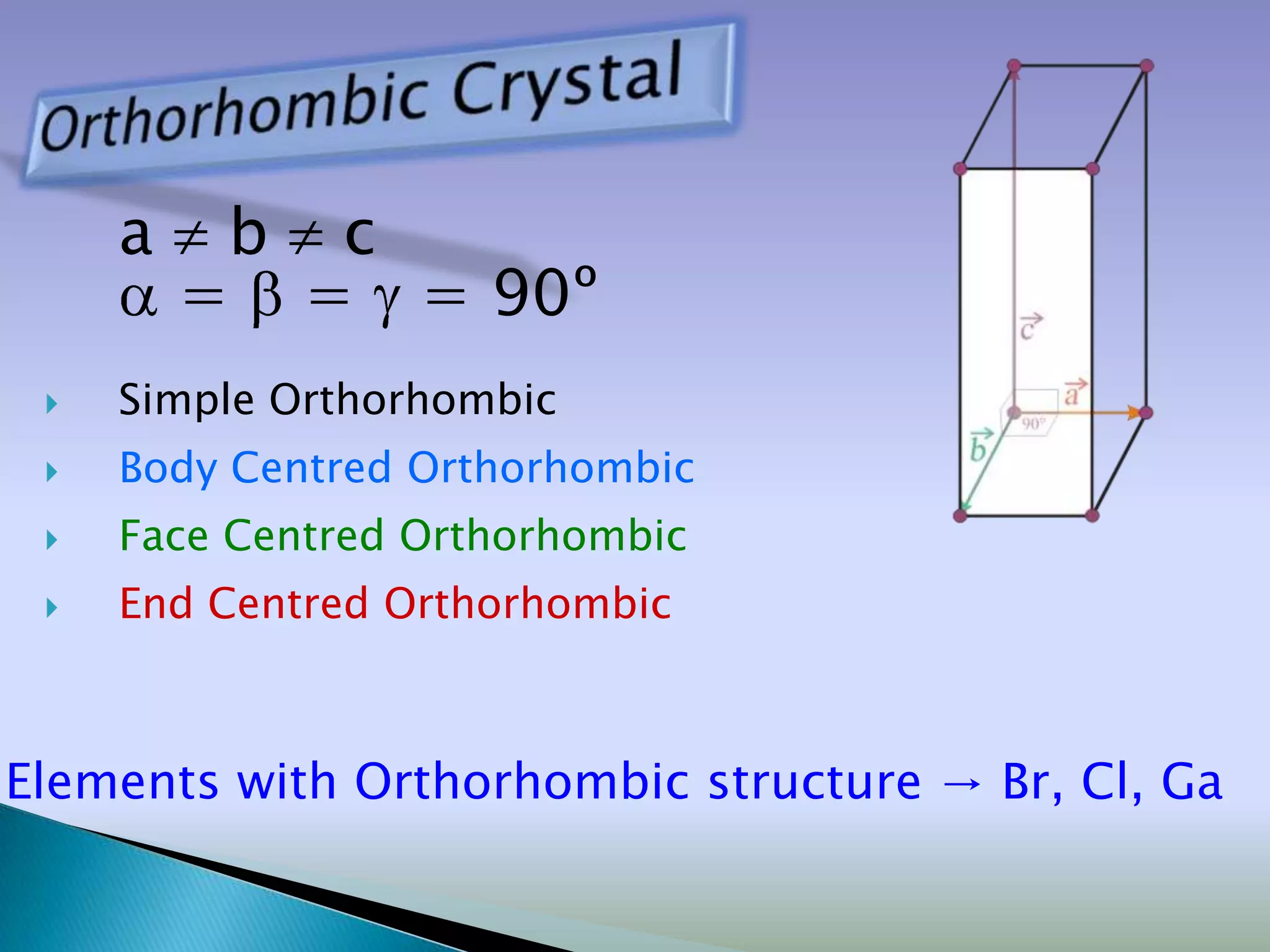 a    b c
         = = = 90º
    Simple Orthorhombic
    Body Centred Orthorhombic
    Face Centred Orthorhombic
    End Centred Orthorhombic



Elements with Orthorhombic structure → Br, Cl, Ga
 
