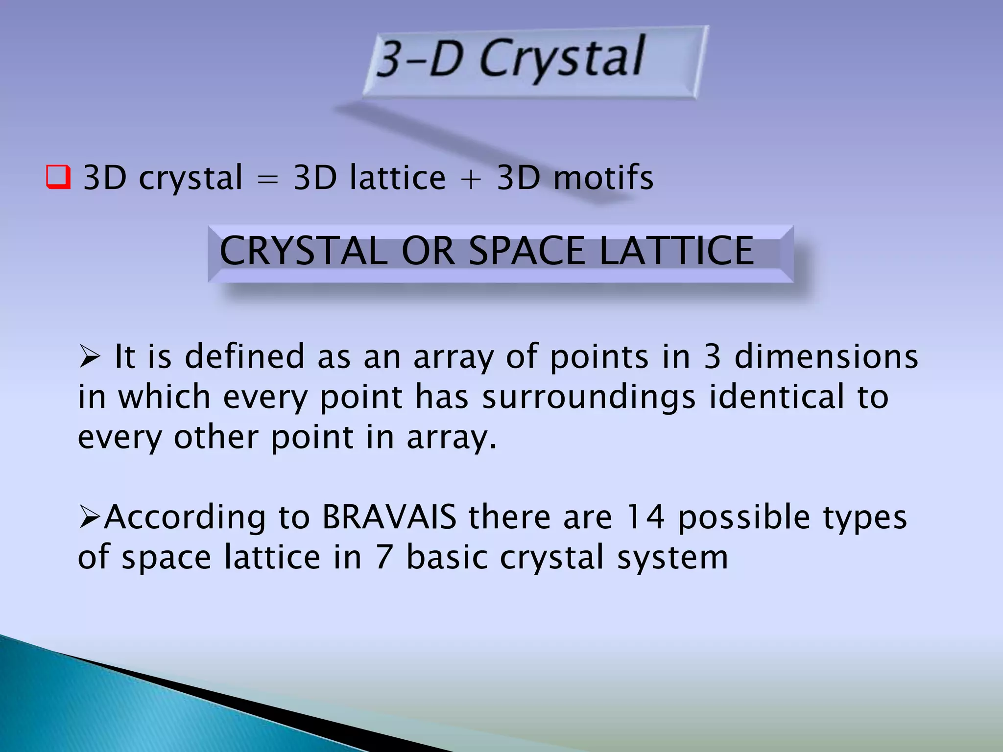  3D crystal = 3D lattice + 3D motifs

          CRYSTAL OR SPACE LATTICE

   It is defined as an array of points in 3 dimensions
  in which every point has surroundings identical to
  every other point in array.

  According to BRAVAIS there are 14 possible types
  of space lattice in 7 basic crystal system
 