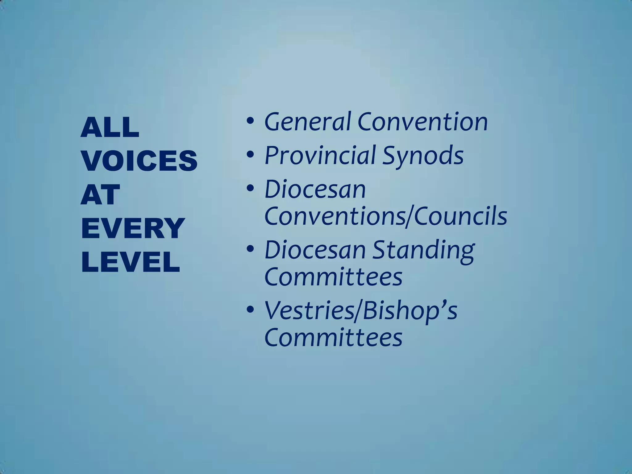 ALL      • General Convention
VOICES   • Provincial Synods
AT       • Diocesan
EVERY      Conventions/Councils
LEVEL    • Diocesan Standing
           Committees
         • Vestries/Bishop’s
           Committees
 