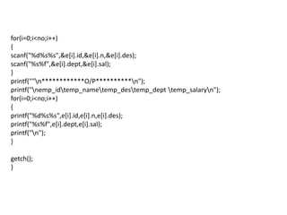 for(i=0;i<no;i++)
{
scanf("%d%s%s",&e[i].id,&e[i].n,&e[i].des);
scanf("%s%f",&e[i].dept,&e[i].sal);
}
printf(""n**O/Pn");
printf("nemp_idtemp_nametemp_destemp_dept temp_salaryn");
for(i=0;i<no;i++)
{
printf("%d%s%s",e[i].id,e[i].n,e[i].des);
printf("%s%f",e[i].dept,e[i].sal);
printf("n");
}

getch();
}
 