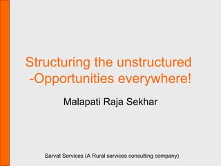 Sarvat Services (A Rural services consulting company)
Structuring the unstructured
-Opportunities everywhere!
Malapati Raja Sekhar
 