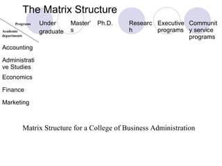The Matrix Structure
       Programs    Under      Master’   Ph.D.    Researc Executive Communit
Academic           graduate   s                  h       programs y service
departments
                                                                   programs
Accounting

Administrati
ve Studies
Economics

Finance

Marketing



              Matrix Structure for a College of Business Administration
 