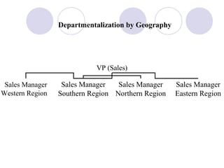 Departmentalization by Geography




                            VP (Sales)

 Sales Manager    Sales Manager   Sales Manager     Sales Manager
Western Region   Southern Region Northern Region    Eastern Region
 