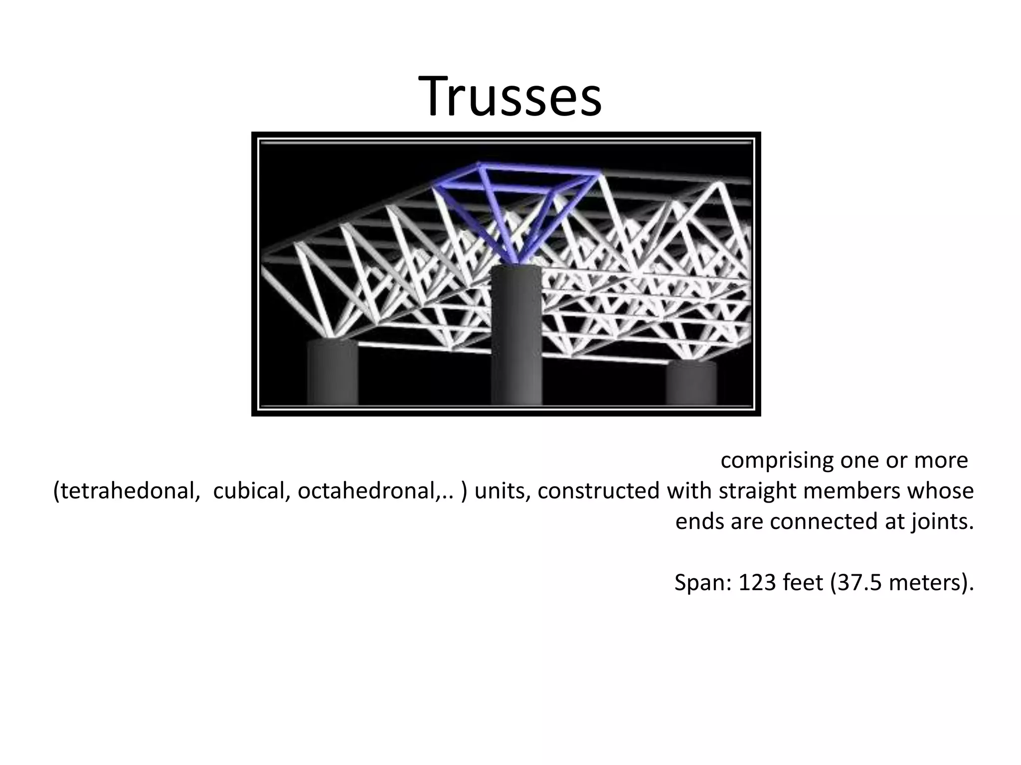 Trusses
comprising one or more
(tetrahedonal, cubical, octahedronal,.. ) units, constructed with straight members whose
ends are connected at joints.
Span: 123 feet (37.5 meters).
 