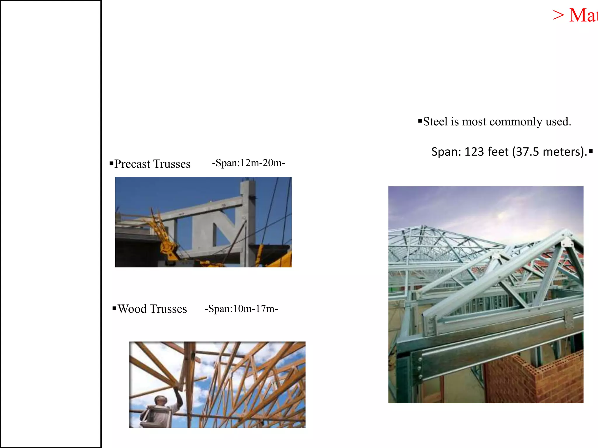 > Mat
Steel is most commonly used.
Span: 123 feet (37.5 meters).
Precast Trusses -Span:12m-20m-
Wood Trusses -Span:10m-17m-
 