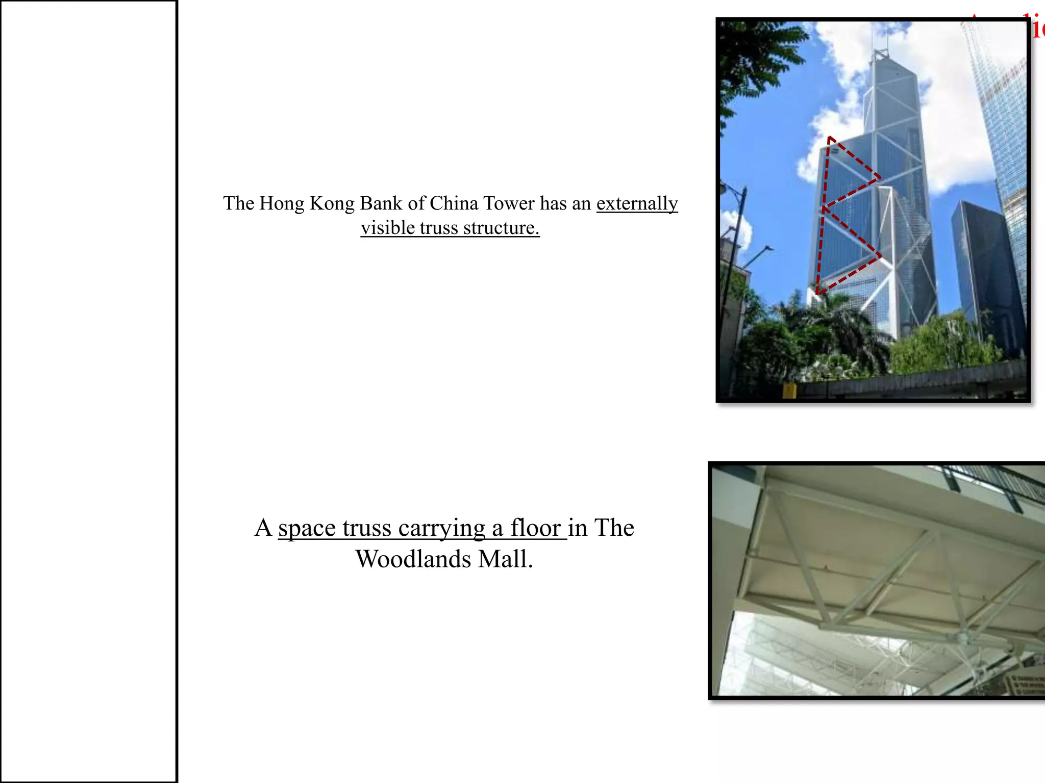 > Applic
The Hong Kong Bank of China Tower has an externally
visible truss structure.
A space truss carrying a floor in The
Woodlands Mall.
 