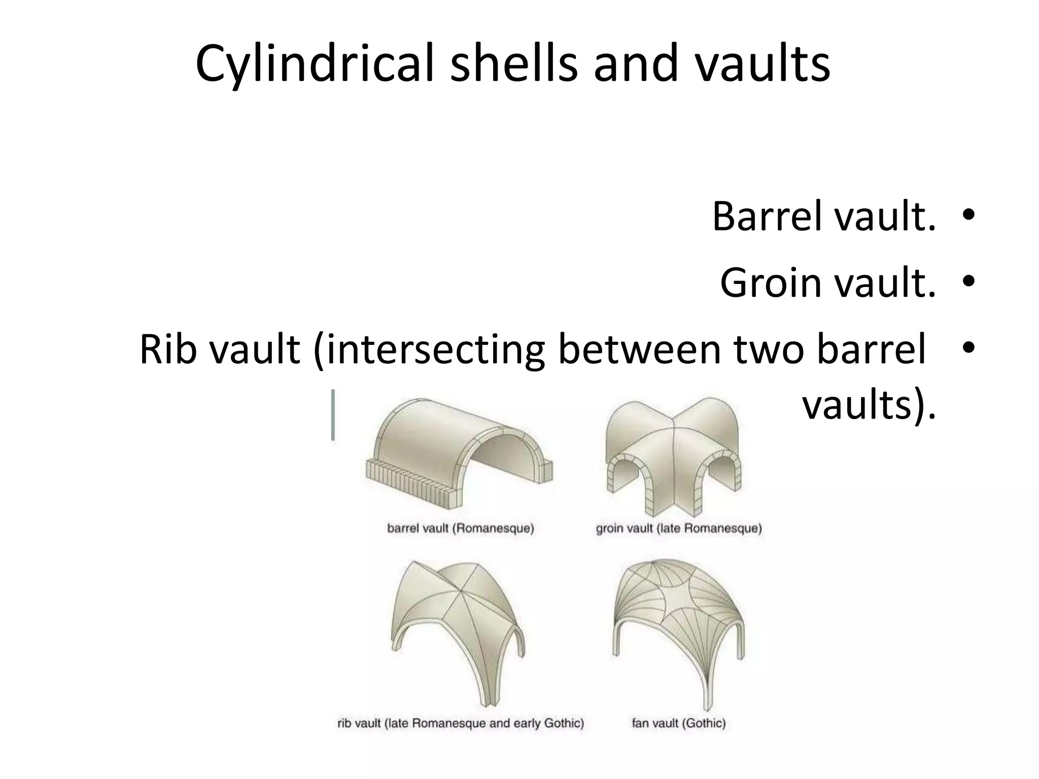 Cylindrical shells and vaults
•Barrel vault.
•Groin vault.
•Rib vault (intersecting between two barrel
vaults).
 