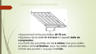 Caractéristiques dimensionnelles
Espacement entre poutrelles: 60-70 cm.
Epaisseur de la dalle h= 4 à 6cm et appelé dalle de
compression.
La Porté des poutrelles est de 6 mètres max pour dalles
en bêton armé et 8mètres pour les dalles précontraintes.
Porté des poutres L va jusqu’à L=12m.
 
