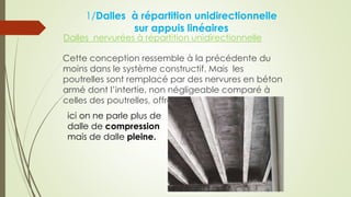 1/Dalles à répartition unidirectionnelle
sur appuis linéaires
Cette conception ressemble à la précédente du
moins dans le système constructif. Mais les
poutrelles sont remplacé par des nervures en béton
armé dont l’intertie, non négligeable comparé à
celles des poutrelles, offre une grande rigidité.
Dalles nervurées à répartition unidirectionnelle
ici on ne parle plus de
dalle de compression
mais de dalle pleine.
 