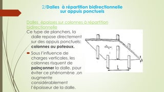 2/Dalles à répartition bidirectionnelle
sur appuis ponctuels
Ce type de planchers, la
dalle repose directement
sur des appuis ponctuels:
colonnes ou poteaux.
 Sous l’influence de
charges verticales, les
colonnes risquent de
poinçonner la dalle. pour
éviter ce phénomène ,on
augmente
considérablement
l’épaisseur de la dalle.
Dalles épaisses sur colonnes à répartition
bidirectionnelle
 