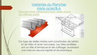 Variantes du Plancher
mixte acier/B.A
Ce type de dalles mixtes sont constituées de béton
et de tôles d’acier nervurées. Les tôles profilées
ont un rôle d’armature et de coffrage, autorisant
une mise en oeuvre rapide et économique.
Plancher mixte collaborant avec dalles en B.A
sur coffrage perdu
 