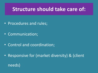 Structure should take care of:
• Procedures and rules;
• Communication;
• Control and coordination;
• Responsive for (market diversity) & (client
needs)
 