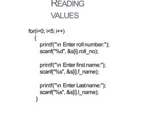 READING
VALUES
for(i=0; i<5; i++)
{
printf("n Enter rollnumber:");
scanf("%d", &s[i].roll_no);
printf("n Enter first name:");
scanf("%s", &s[i].f_name);
printf("n Enter Lastname:");
scanf("%s", &s[i].l_name);
}
 