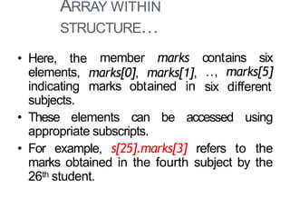 ARRAY WITHIN
STRUCTURE…
25
member
marks[0],
marks contains six
marks[1],
marks obtained in
…, marks[5]
six different
• Here, the
elements,
indicating
subjects.
• These elements can be accessed using
appropriate subscripts.
• For example, s[25].marks[3] refers to the
marks obtained in the fourth subject by the
26th student.
 
