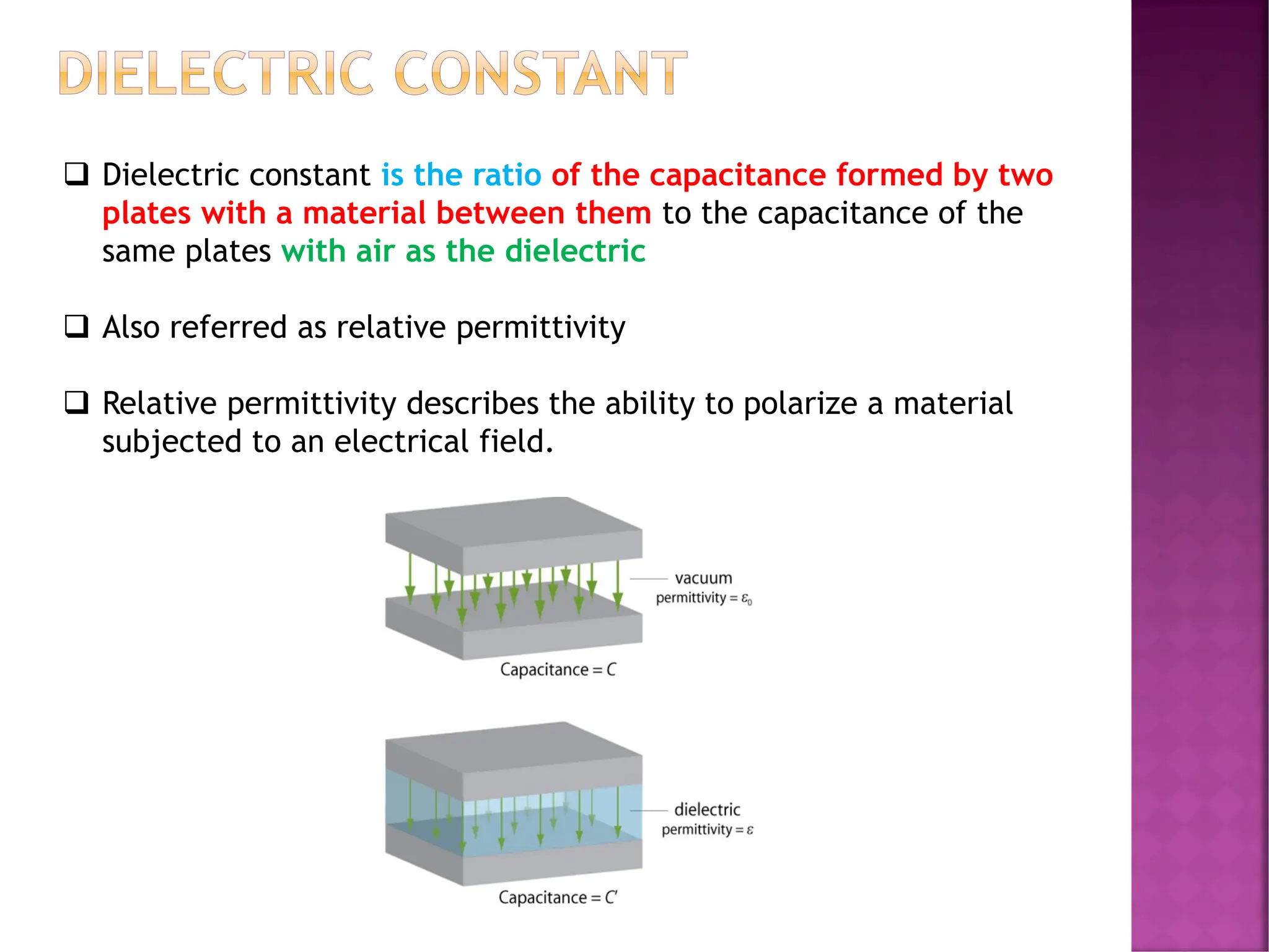 DIELECTRIC CONSTANT
❑ Dielectric constant is the ratio of the capacitance formed by two
plates with a material between them to the capacitance of the
same plates with air as the dielectric
❑ Also referred as relative permittivity
❑ Relative permittivity describes the ability to polarize a material
subjected to an electrical field.
 