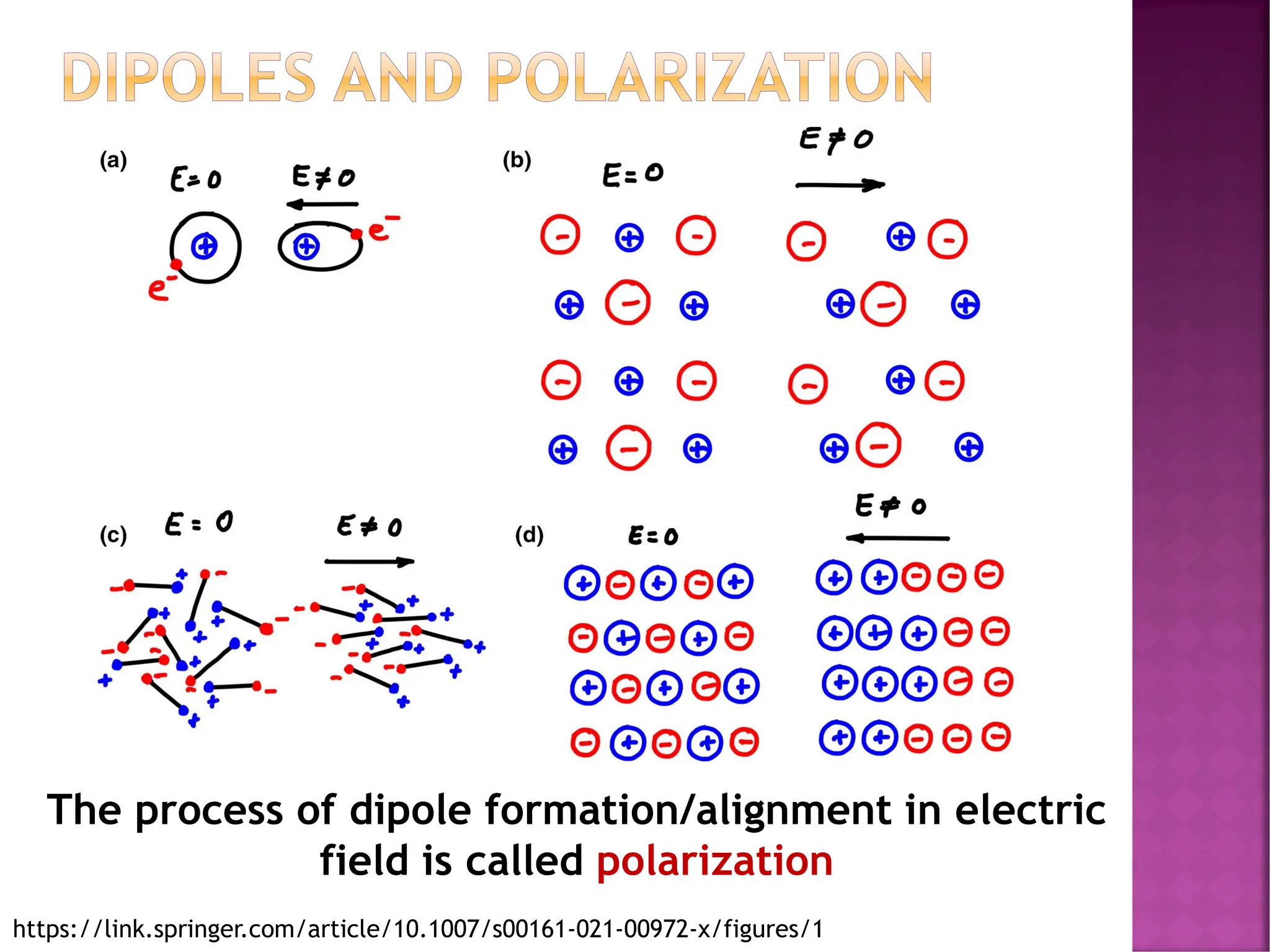 DIPOLES AND POLARIZATION
The process of dipole formation/alignment in electric
field is called polarization
https://link.springer.com/article/10.1007/s00161-021-00972-x/figures/1
 