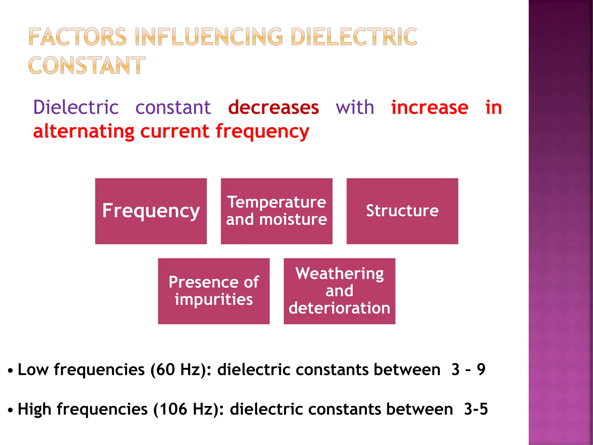 FACTORS INFLUENCING DIELECTRIC
CONSTANT
Dielectric constant decreases with increase in
alternating current frequency
Frequency Temperature
and moisture
Structure
Presence of
impurities
Weathering
and
deterioration
• Low frequencies (60 Hz): dielectric constants between 3 – 9
• High frequencies (106 Hz): dielectric constants between 3-5
 