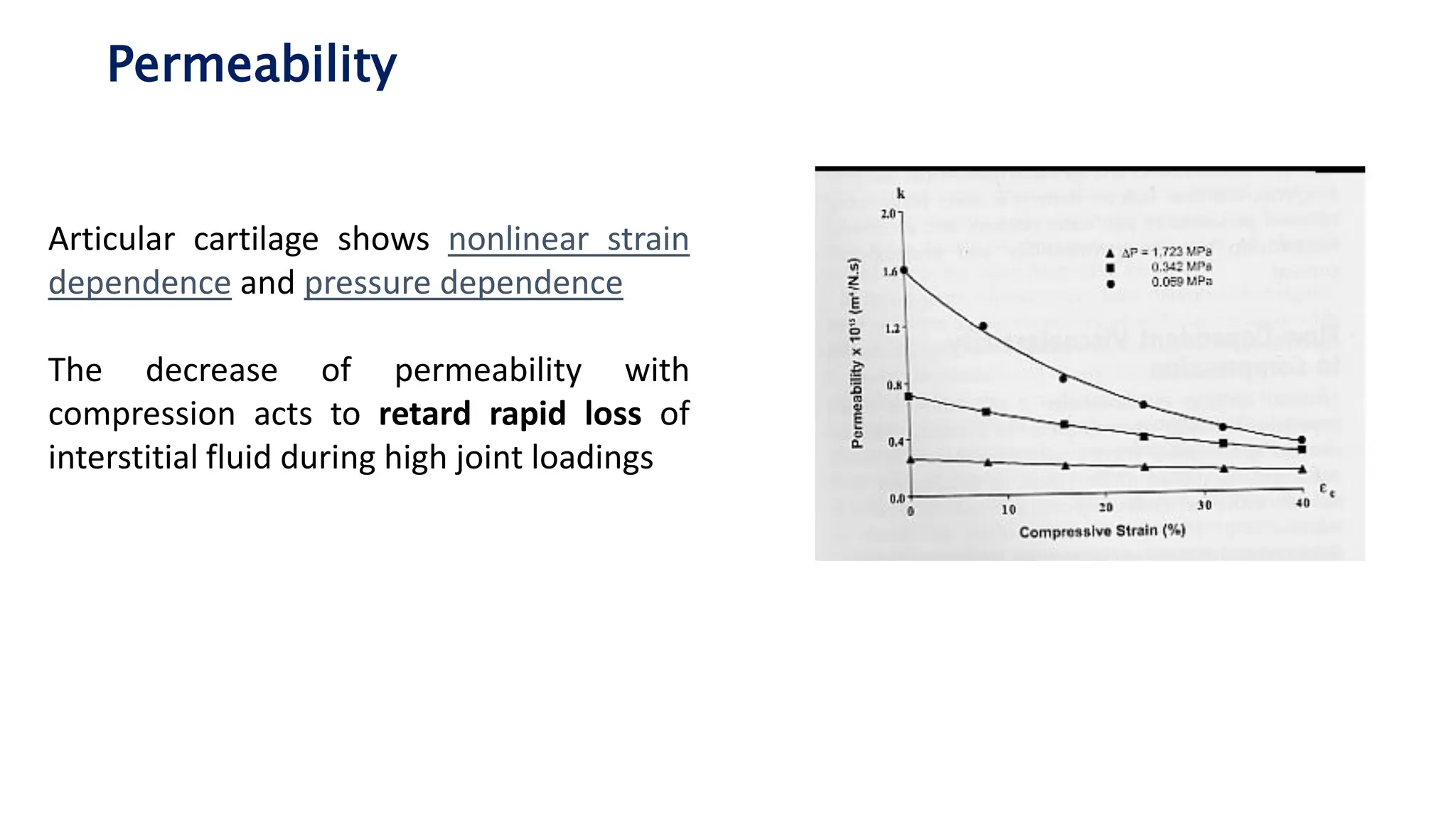 Permeability
Articular cartilage shows nonlinear strain
dependence and pressure dependence
The decrease of permeability with
compression acts to retard rapid loss of
interstitial fluid during high joint loadings
 